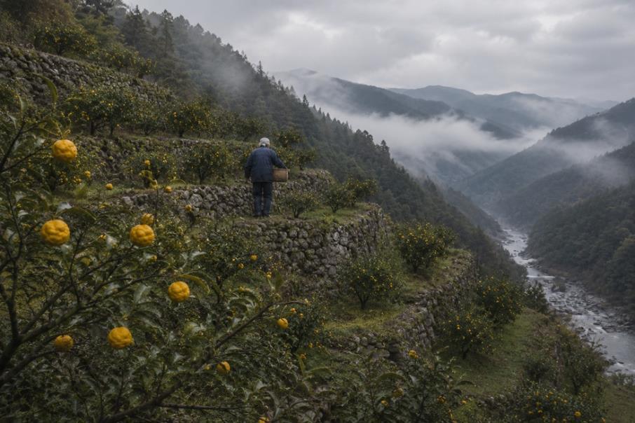 A yuzu orchard on a hillside in Kochi Prefecture, trees heavy with yellow fruit.